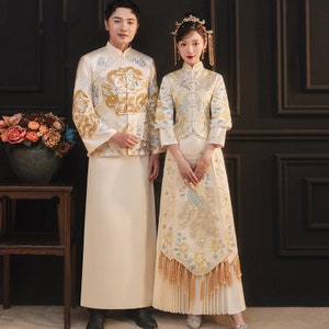 Chinese Bridal Off White Qun Kwa Sau Wo  Qipao Qheongsam  Peacock embroidery Wedding  Dress |Groom Tang  Wedding Suit|Tea Ceremony