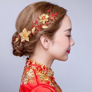 Gold Red Oriental  Wedding Bridal  Floral Hairpiece Hairpin | Tea Ceremony | Bridal Accessories