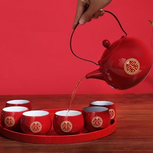 Red Double Happiness Asian Chinese Wedding Tea Ceremony Tea Cups Pot Set