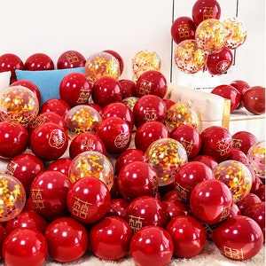 70x10"/25cm Double Happiness Asian Chinese Wedding Tea Ceremony Red Gold Party Latex Balloons