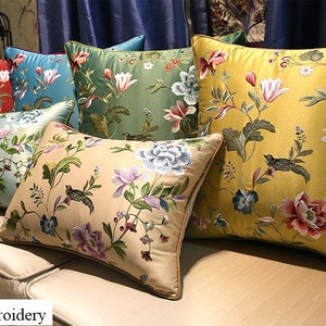 Oriental Floral Birds  Embroidered  Satin Cushion Covers