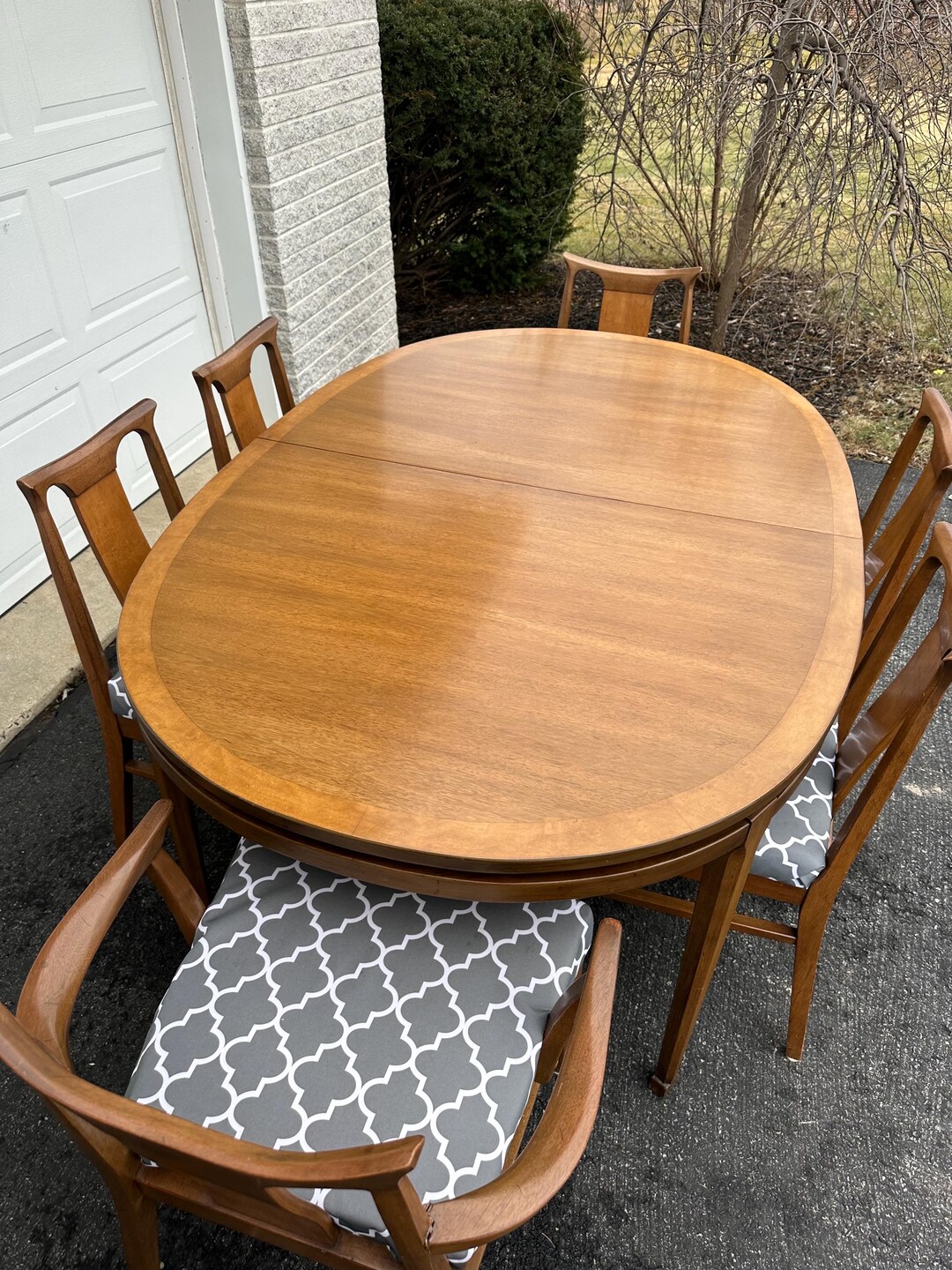 Mid Century Walnut Oval Dining Table 6 Chairs 2 Leaves White Furniture ...