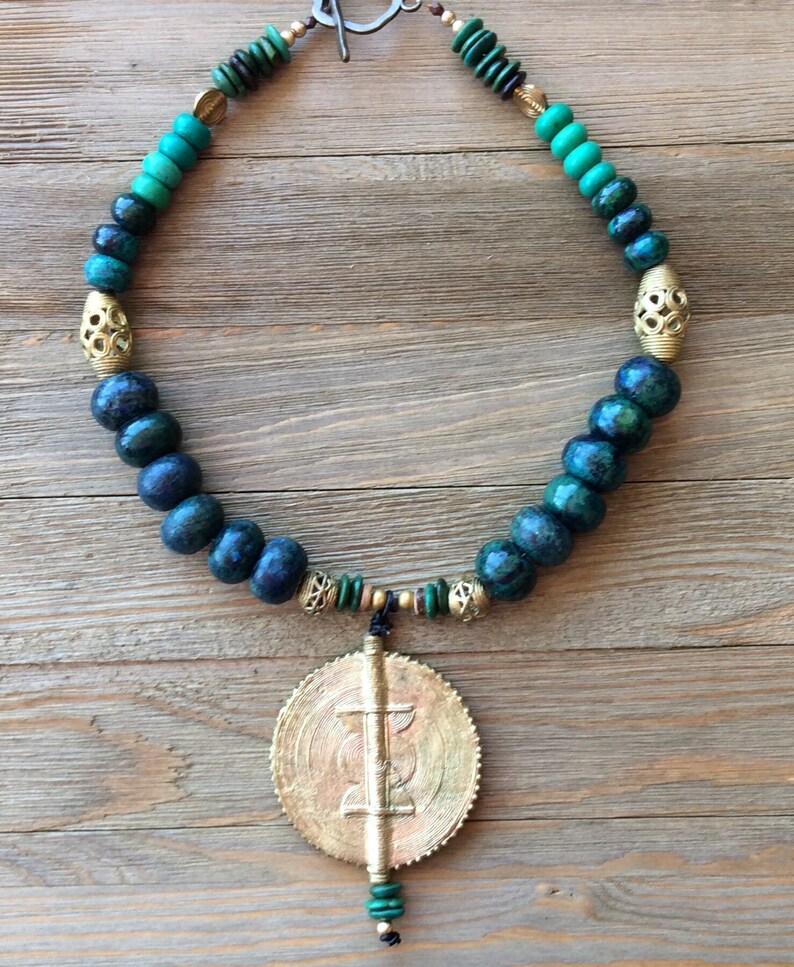 **Frosted African Turquoise Necklace Wood Beads Leather Tassel 257z