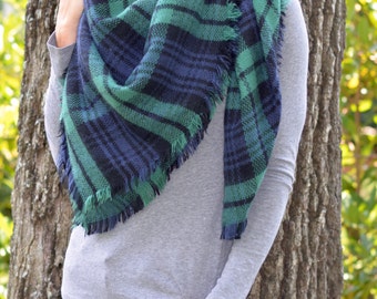 Popular Navy & Green Plaid Blanket Scarf
