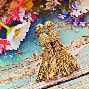 Beaded Tassel Dangle Earrings: Sterling Silver & Gold Metallic