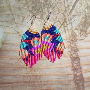 Sunset Sunrise Earrings/Beaded earrings,  boho earrings, Beaded fringe earrings  geometric long bead earring asymmetric earrings