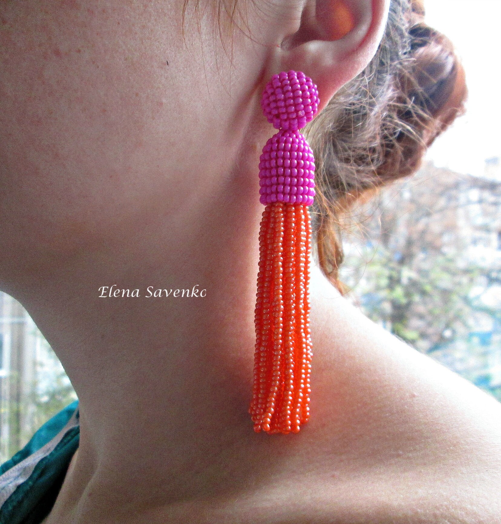 Oscar bead tassel Oscar styl  Beaded tassel Oscar Renta earrings Beading dangle earrings Earrings sterling SILVER. Pink orange color
