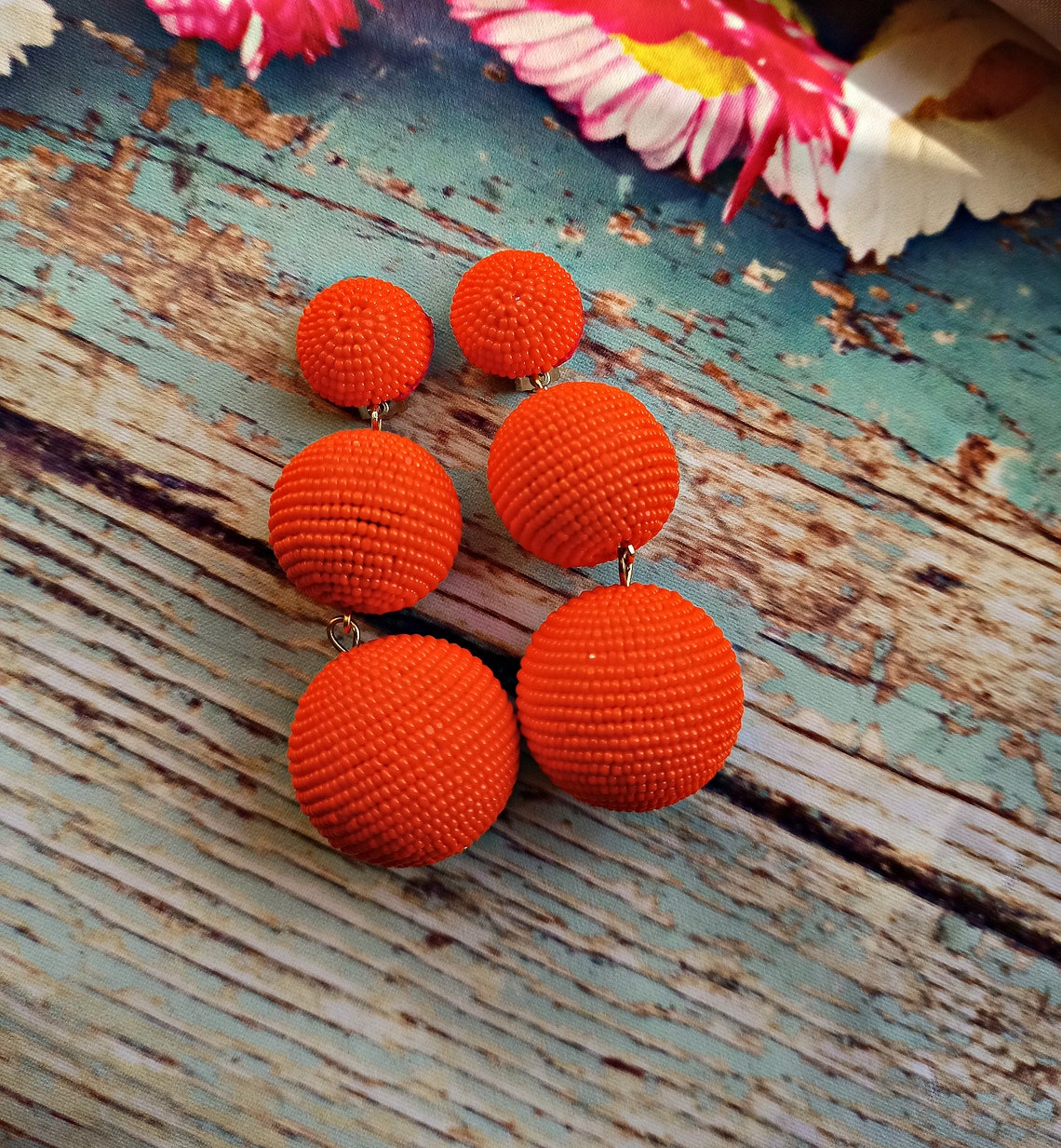 Orange Ball drop earrings ClipStud beads Dangle Earrings Etsy