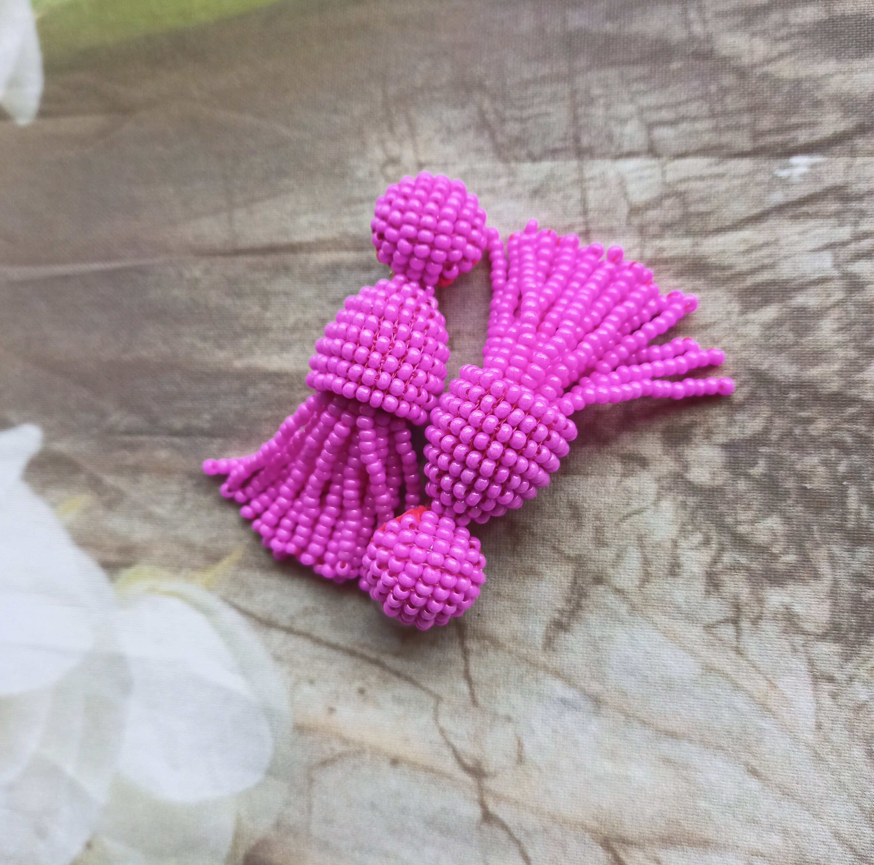 Hot Pink Oscar de la Renta earrings Beaded Tassel Earrings: Sterling Silver Stud Dangle Earrings