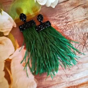 Emerald Green/Black color tassel feathers crystals clips/Waterfall Tassel Earrings/Oscar Renta earrings/statement earrings/long tassel