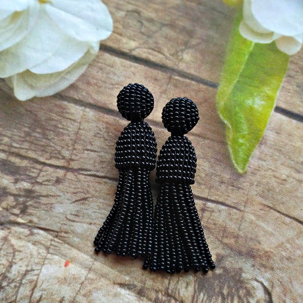 Oscar bead tassel Oscar styl Beaded tassel Oscar de la Renta earrings Beading dangle earrings Earrings sterling SILVER stud Black color