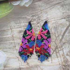 Sunset Sunrise Earrings/Beaded earrings,  boho earrings, Beaded fringe earrings  geometric long bead earring asymmetric earrings