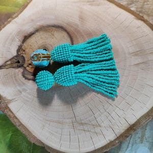 Turquoise color Bead Tassel Earrings: Oscar de la Renta Style, Handmade image 8