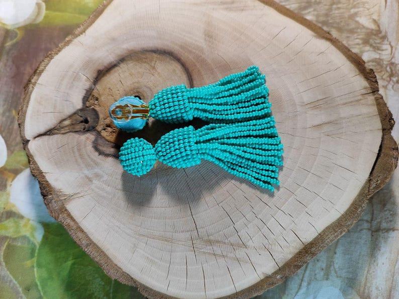 Turquoise color Bead Tassel Earrings: Oscar de la Renta Style, Handmade image 8