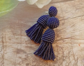 Navy Blue mat color beaded tassel/ Oscar Renta styl/ Beading dangle earring/ Oscar bead tassel/ Earrings with sterling SILVER stud