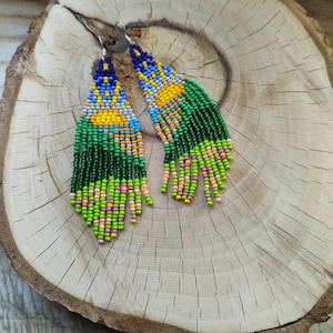 Multicolor color beaded earrings Fringe earrings Ombre earrings Seed bead earrings Chandelier earring Boho beadwork earrings Dangle