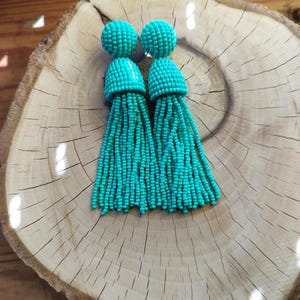 Turquoise color Oscar de la Renta earrings/  Oscar bead tassel/ Oscar styl