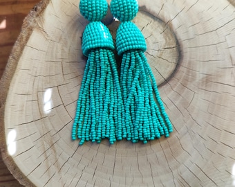 Turquoise color Oscar de la Renta earrings/  Oscar bead tassel/ Oscar styl