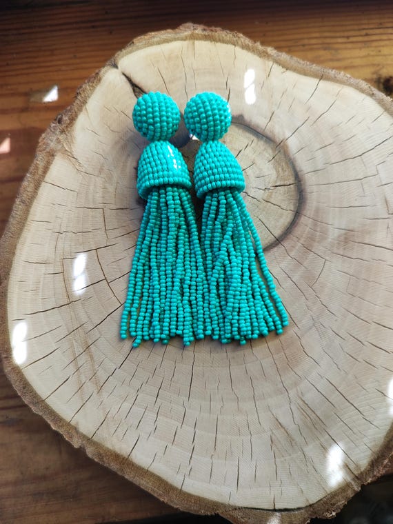 Turquoise color Bead Tassel Earrings: Oscar de la Renta Style, Handmade