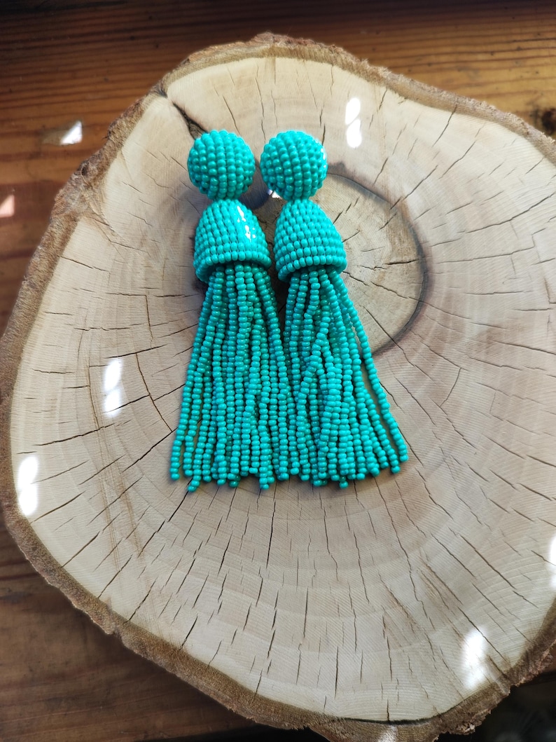 Turquoise color Bead Tassel Earrings: Oscar de la Renta Style, Handmade image 1