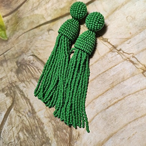 Green Oscar de la Renta earrings Handmade Green Beaded Tassel Earrings: Dangle Statement Jewelry