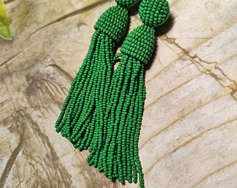 Beaded tassel  earrings / Oscar bead tassel / Oscar styl Beaded tassel / Oscar Renta earrings / Beading dangle earrings / Green color