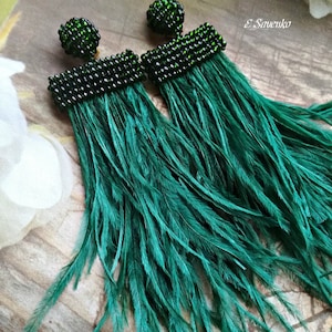 Emerald green color tassel feathers and crystals clips/Waterfall Tassel Earrings/ Oscar Renta earrings/ statement earrings/long tassel