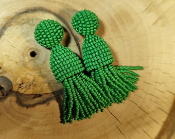 Handmade Green Beaded Tassel Earrings Oscar styl: Statement Jewelry