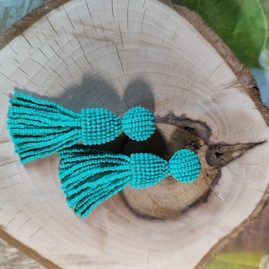 Turquoise color Bead Tassel Earrings: Oscar de la Renta Style, Handmade image 3