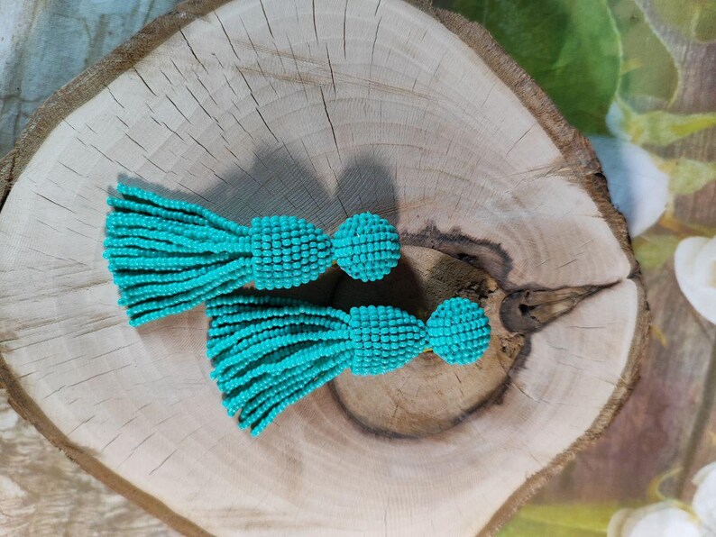 Turquoise color Bead Tassel Earrings: Oscar de la Renta Style, Handmade image 3