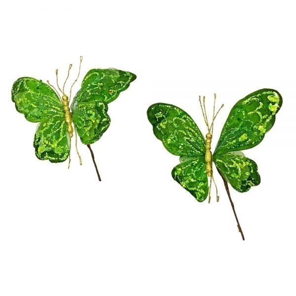 Velvet Sheer Butterfly Pick Set of 2 Green/Gold 7in ARTIFICIAL