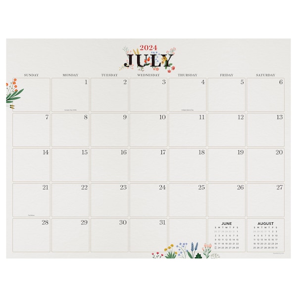 July 2024 - June 2025 Floral Large Desk Pad Monthly Blotter Calendar