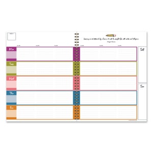 May include: A weekly planner with a colorful design. The planner has a quote about learning, "Learning is not attained by chance, it must be sought for with ardor and diligence." by Abigail Adams. The planner has a space for each day of the week, Monday through Sunday.