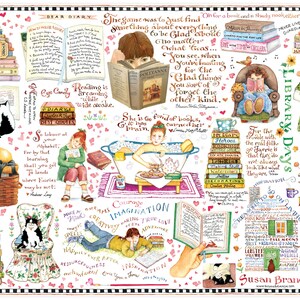 May include: A colorful illustration featuring a white background with a variety of images and text. The illustration features a girl reading a book in a bathtub, a girl reading a book in a chair, a girl reading a book in a bed, and a girl reading a book in a library. The text includes quotes about reading, books, and libraries. The illustration is surrounded by a border of hearts and flowers.