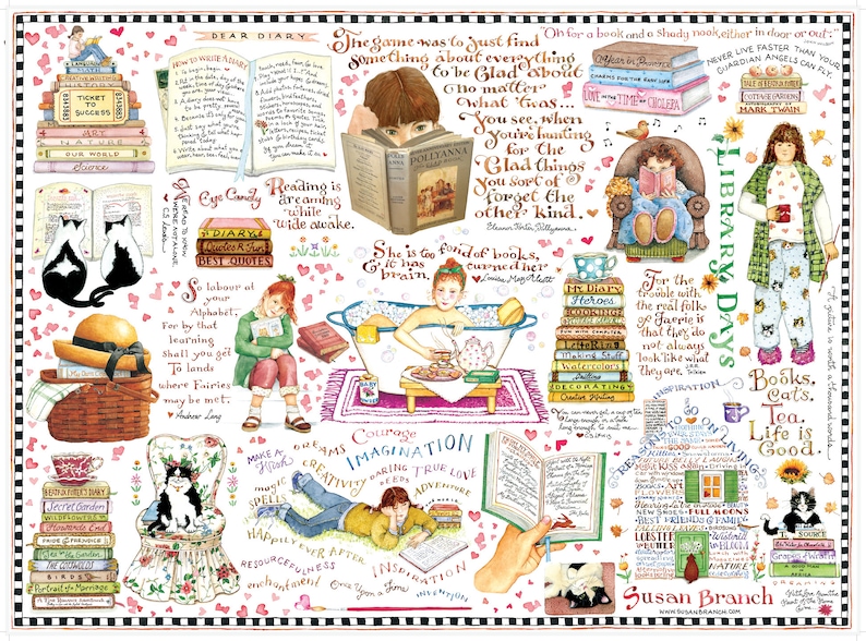 May include: A colorful illustration featuring a white background with a variety of images and text. The illustration features a girl reading a book in a bathtub, a girl reading a book in a chair, a girl reading a book in a bed, and a girl reading a book in a library. The text includes quotes about reading, books, and libraries. The illustration is surrounded by a border of hearts and flowers.