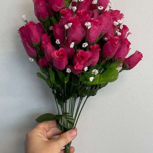 Artificial Mini Rose Bush 14 Stems 18in Fuchsia