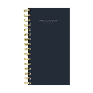 May include: A navy blue spiral-bound password book. The cover features the text "PASSWORD BOOK" in a minimalist font. The spiral binding is gold-colored, adding a touch of elegance to the notebook's design. The notebook is rectangular.