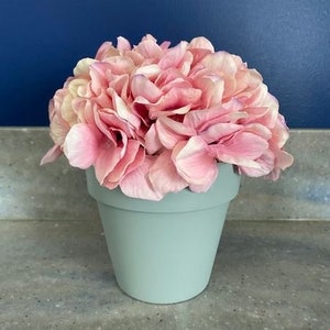 May include: A light blue ceramic planter with a cluster of pink hydrangea flowers.