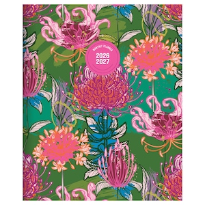 May include: A floral-patterned planner with a green background and vibrant pink, orange, and white flowers. The planner includes the text "MONTHLY PLANNER" and the years "2026 2027" in a pink circle. The design is a mix of botanical and abstract elements.