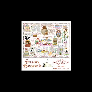 May include: A 1000 piece jigsaw puzzle featuring a whimsical illustration of books, cats, and people reading. The puzzle is titled "For the Love of Books" and is by artist Susan Branch. The puzzle measures 27 inches by 20 inches.