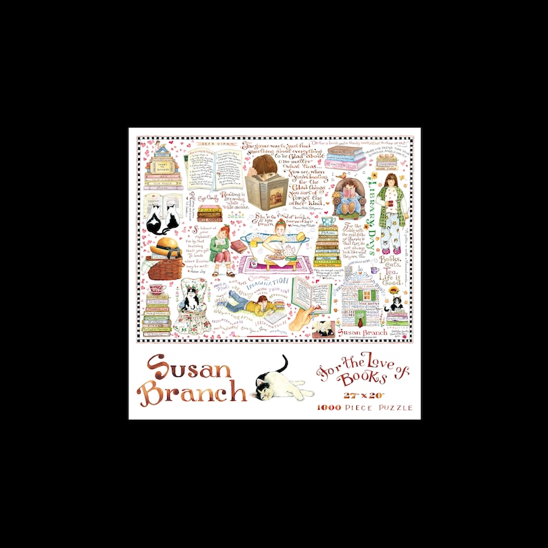 May include: A 1000 piece jigsaw puzzle featuring a whimsical illustration of books, cats, and people reading. The puzzle is titled "For the Love of Books" and is by artist Susan Branch. The puzzle measures 27 inches by 20 inches.