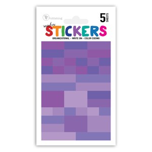 May include: Five sheets of purple color-coding stickers. The stickers are rectangular and come in various sizes. The stickers are labeled "rainbow stickers" and "organizational - write on - color coding".