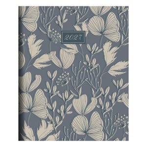 May include: A rectangular planner with a dark slate blue cover featuring a repeating line-art pattern of beige flowers and foliage. A central rectangular label on the front cover displays the year 2027 in a white serif font within a thin border.