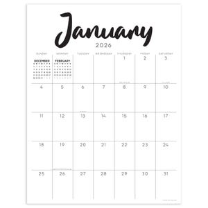 May include: A white wall calendar for January 2026, with the month's name in a bold, cursive font. The calendar grid is black, with dates and days of the week clearly marked. Includes the previous and following month's calendars.