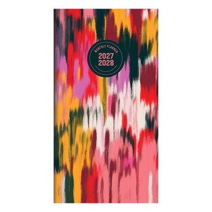May include: A rectangular monthly planner featuring a vibrant, abstract brushstroke pattern in shades of red, pink, orange, yellow, and dark green. A circular black emblem in the center displays the text MONTHLY PLANNER 2027 2028 in light pink.