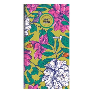 May include: A rectangular 2-year monthly planner with a mustard yellow background featuring a vibrant floral pattern of pink and white flowers with green leaves. A circular teal emblem in the center displays the text 2-YEAR MONTHLY PLANNER 2027 2028.