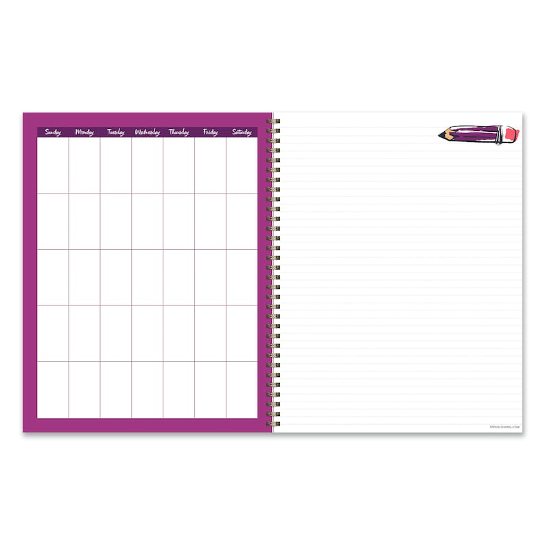 May include: A purple and white weekly planner with a lined notepad on the right side. The planner has a spiral binding and a pencil icon in the top right corner.