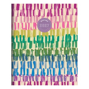 May include: A 2027 monthly planner featuring a cream background with horizontal rows of vertical brushstrokes in magenta, yellow-green, teal, olive green, blue, and purple. A circular purple badge in the center displays the text MONTHLY PLANNER 2027.