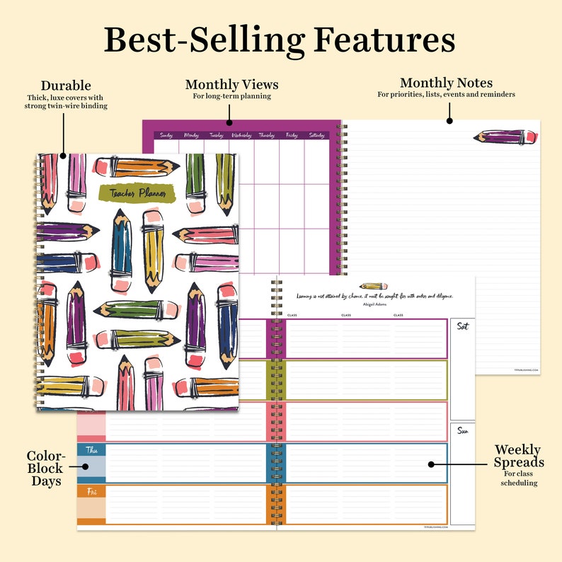 May include: A teacher planner with a colorful pencil pattern cover. The planner features monthly views, weekly spreads, and monthly notes sections. The planner has a durable, thick cover with twin-wire binding.