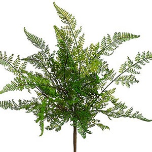 May include: A green artificial fern plant with multiple branches and leaves. The plant is on a white background.
